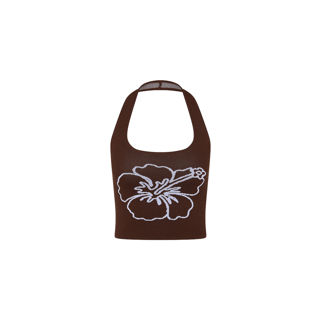 11489: Knit Halter Tank Top - Espresso Bloom