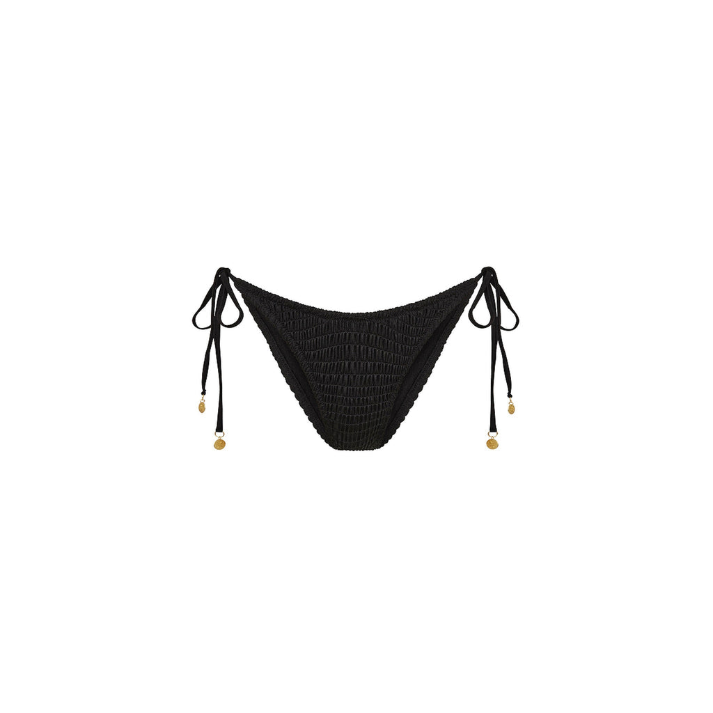 BOT272: Shirred Dipped Cheeky Tie Bikini Bottom - Twilight Black