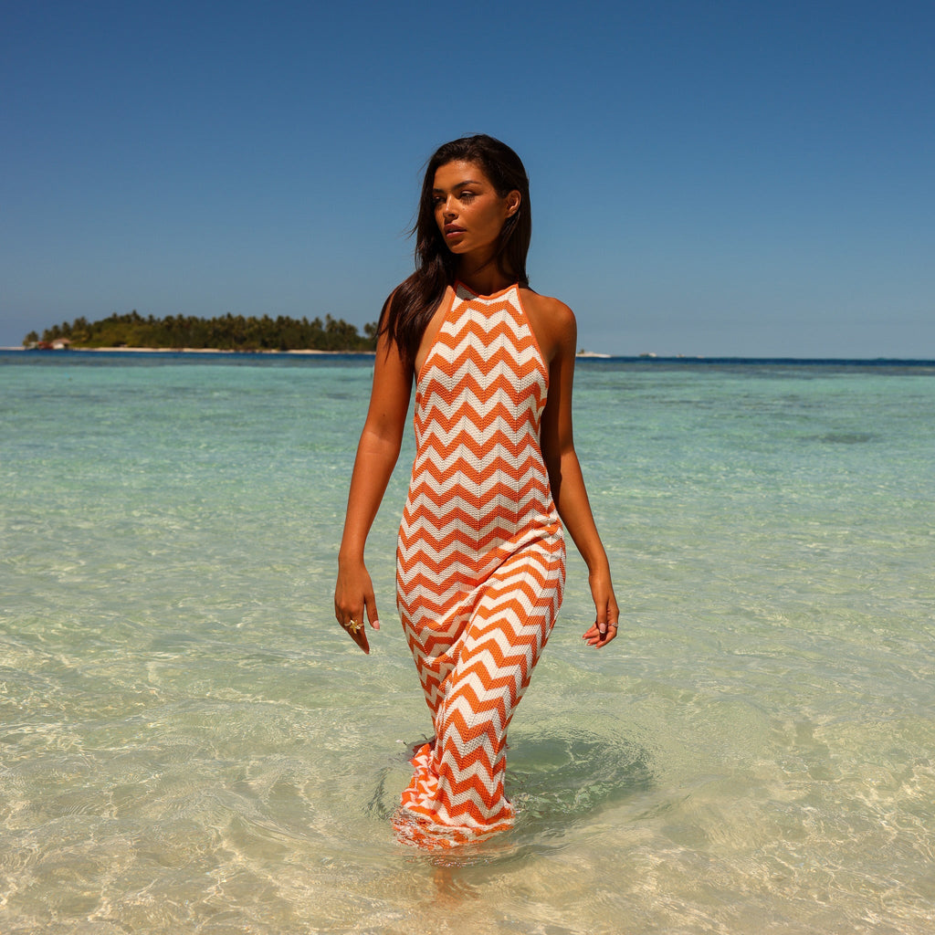 15502: Chevron Knit Midi Dress - Dreamsicle