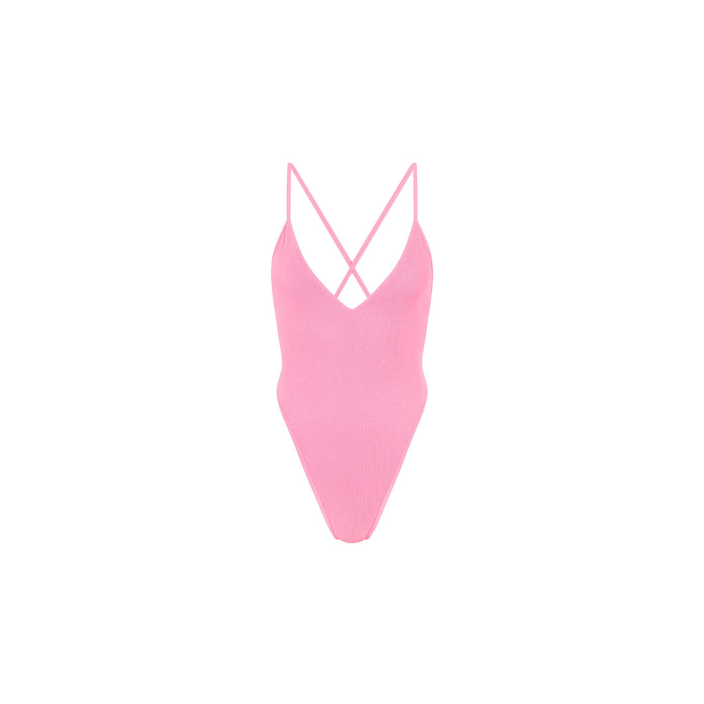 ONE325: Plunge Cross Back One Piece - Taffy Pink Ribbed