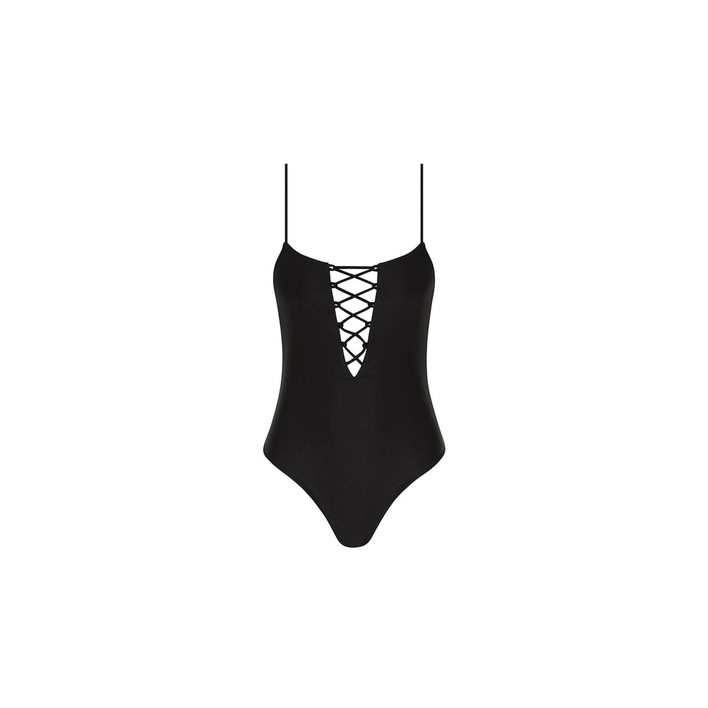 ONE344: Fixed Front Lace Up One Piece - Twilight Black