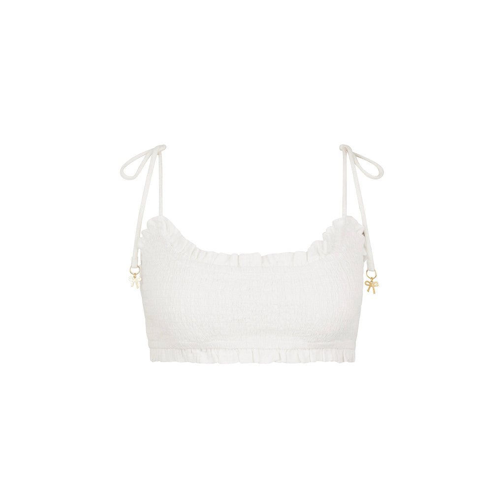 11451: Ruffle Shirred Tie Crop - White