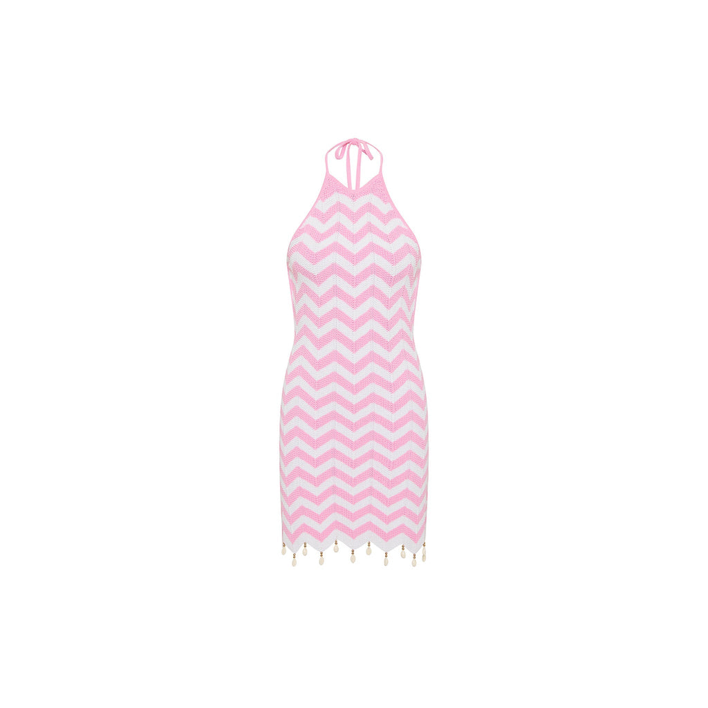 14561: Chevron Knit Halter Mini Dress - Cotton Candy