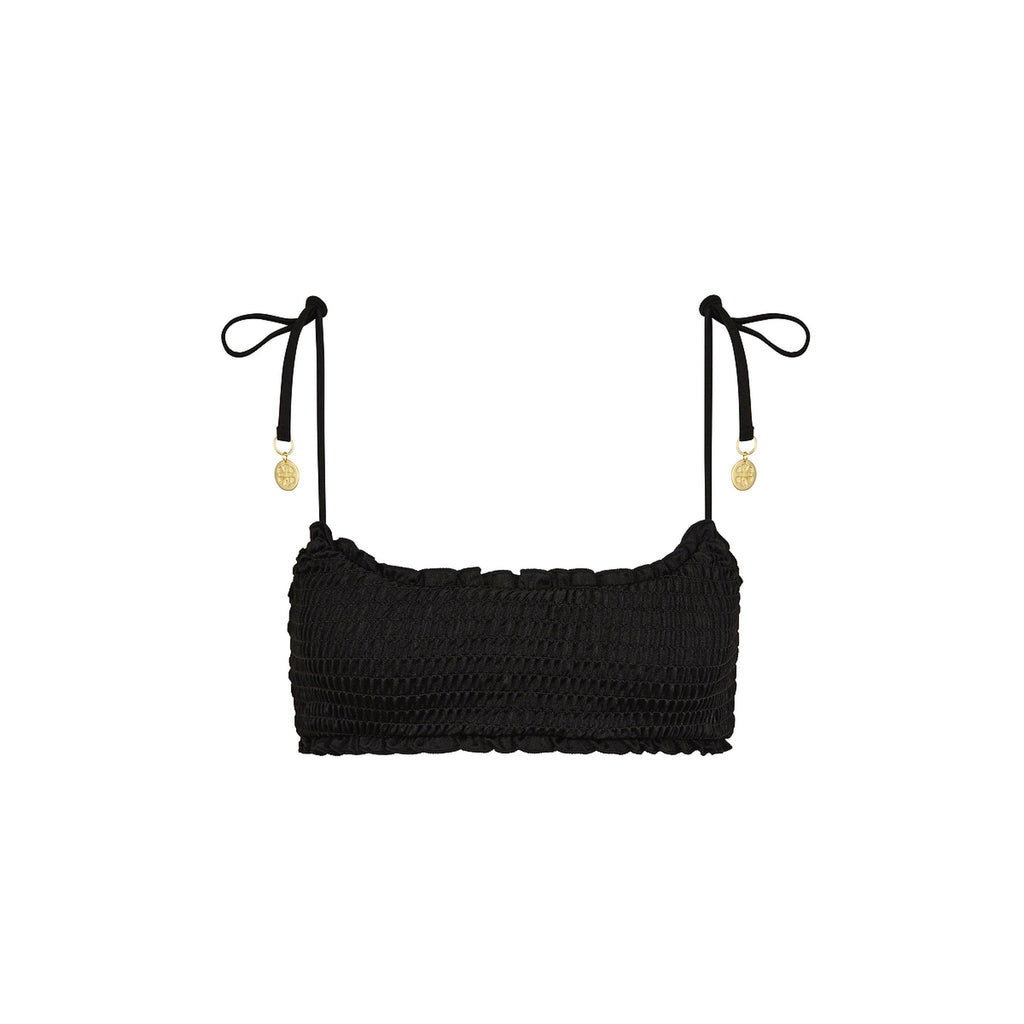TOP201: Shirred Crop Tie Bikini Top - Twilight Black
