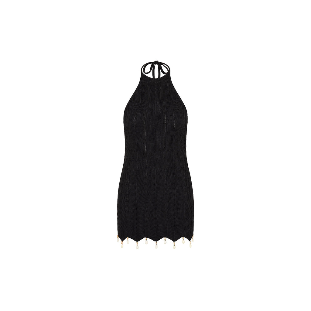 14561: Chevron Knit Halter Mini Dress - Twilight Black