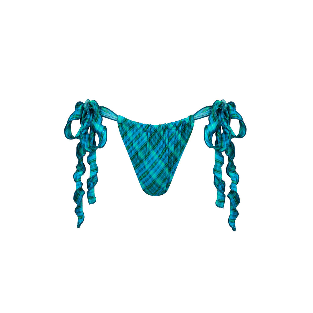 BOT288: Lettuce Tie Ruched Thong Bikini Bottom - Tropic Dip